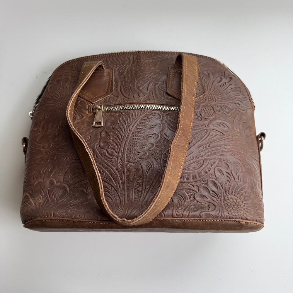 Mexican embossed hand bag, brown genuine leather